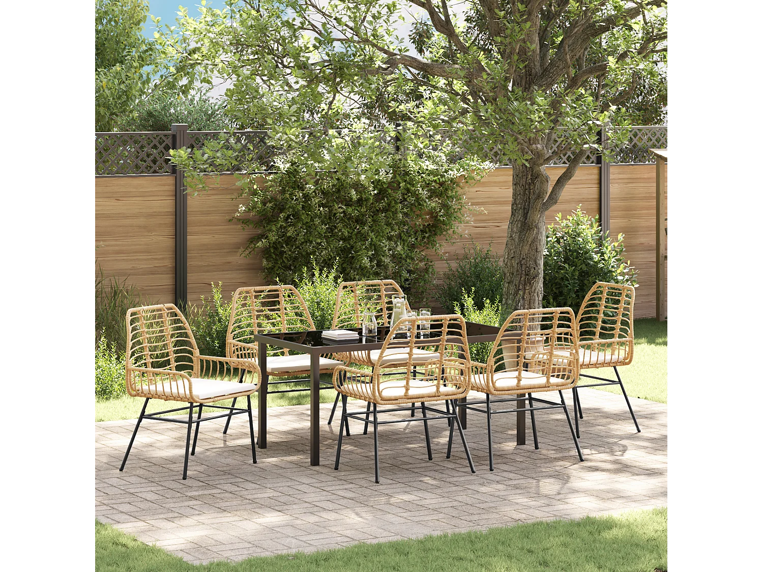 Set da pranzo da giardino 7 pezzi con cuscini marroni in polyrattan