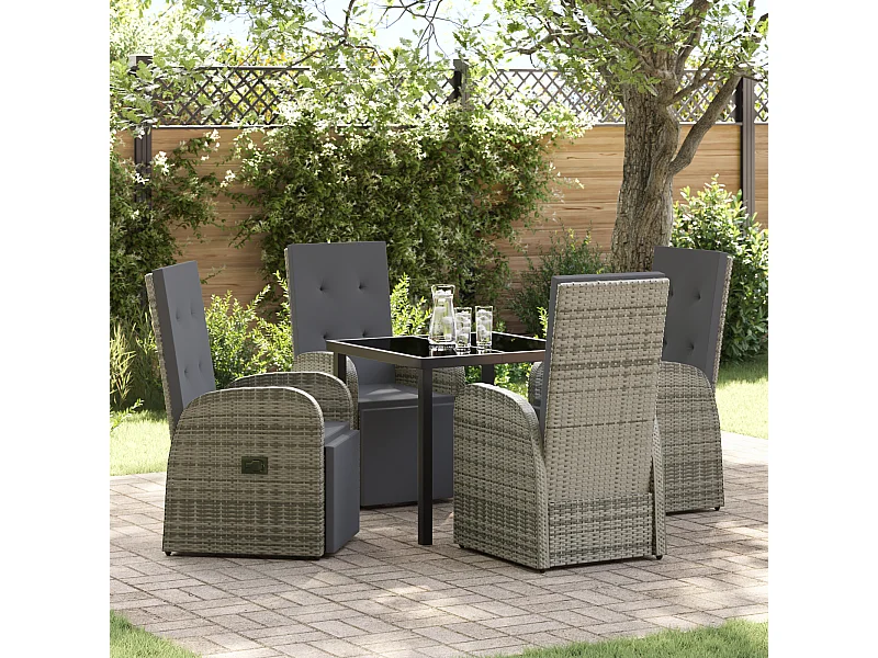 Set da pranzo da giardino 5 pezzi con cuscini grigi in polyrattan