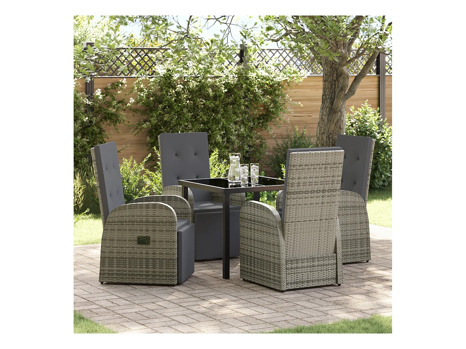Set da pranzo da giardino 5 pezzi con cuscini grigi in polyrattan