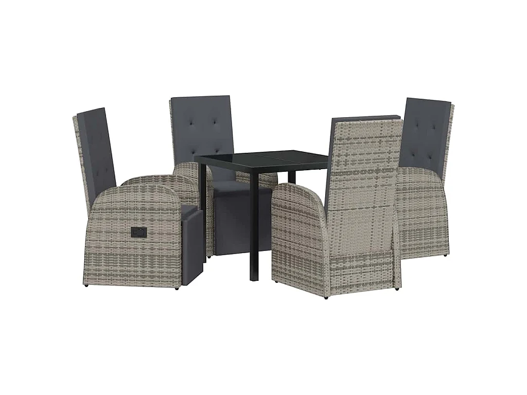 5-teiliges Garten-Essset mit grauen Kissen, Poly Rattan