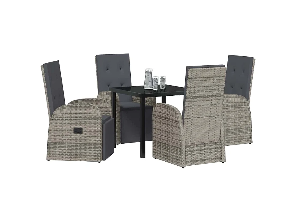 5-teiliges Garten-Essset mit grauen Kissen, Poly Rattan