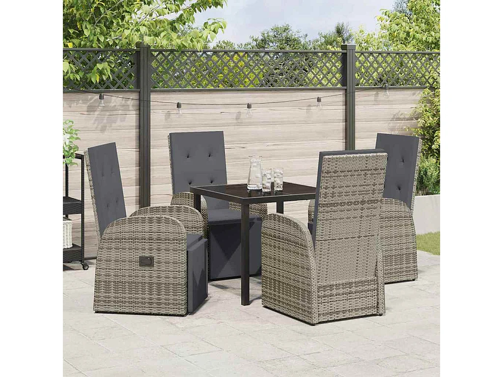 5-teiliges Garten-Essset mit grauen Kissen, Poly Rattan