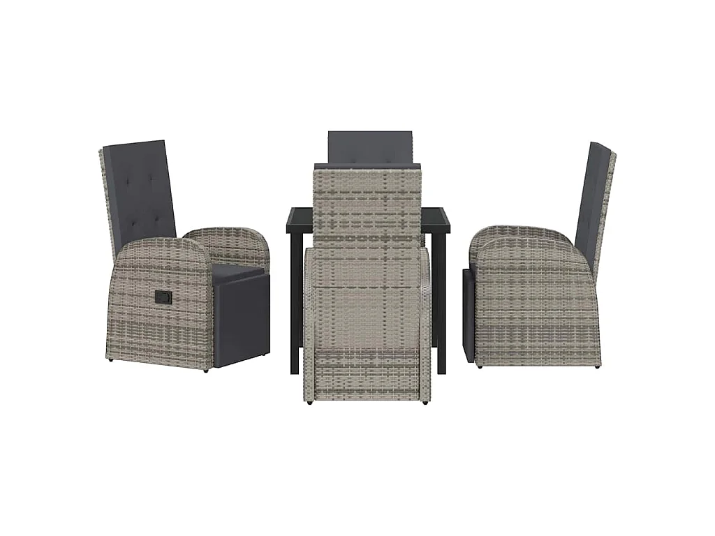 5-teiliges Garten-Essset mit grauen Kissen, Poly Rattan