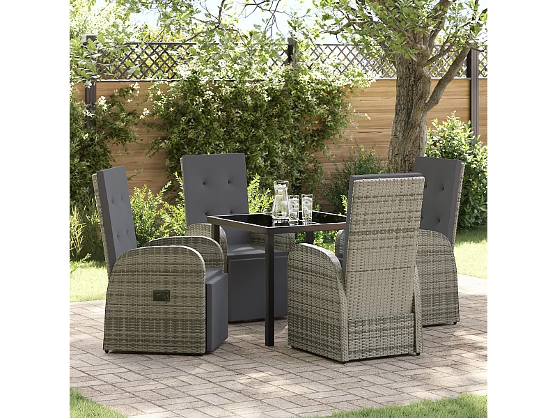 5-teiliges Garten-Essset mit grauen Kissen, Poly Rattan