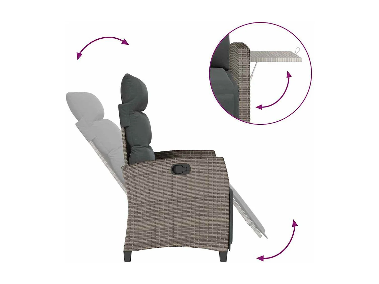 Sedia da giardino reclinabile con tavolino laterale in polyrattan grigio