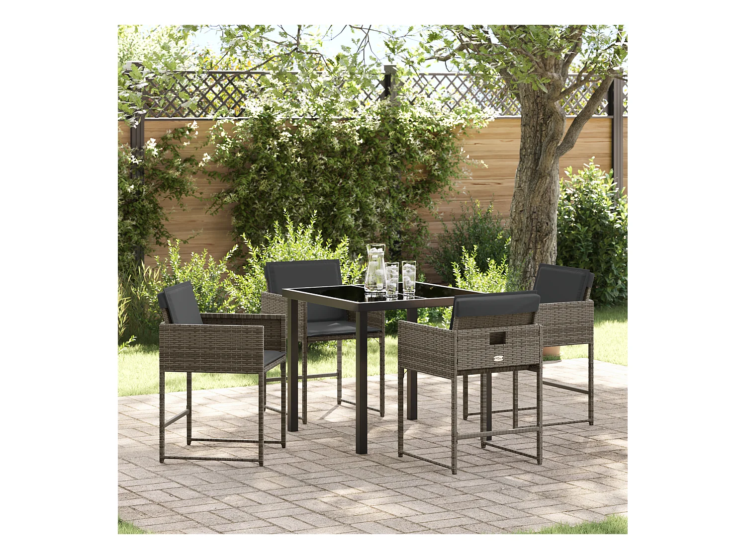 Set da pranzo da giardino 5 pezzi con cuscini in polyrattan grigio