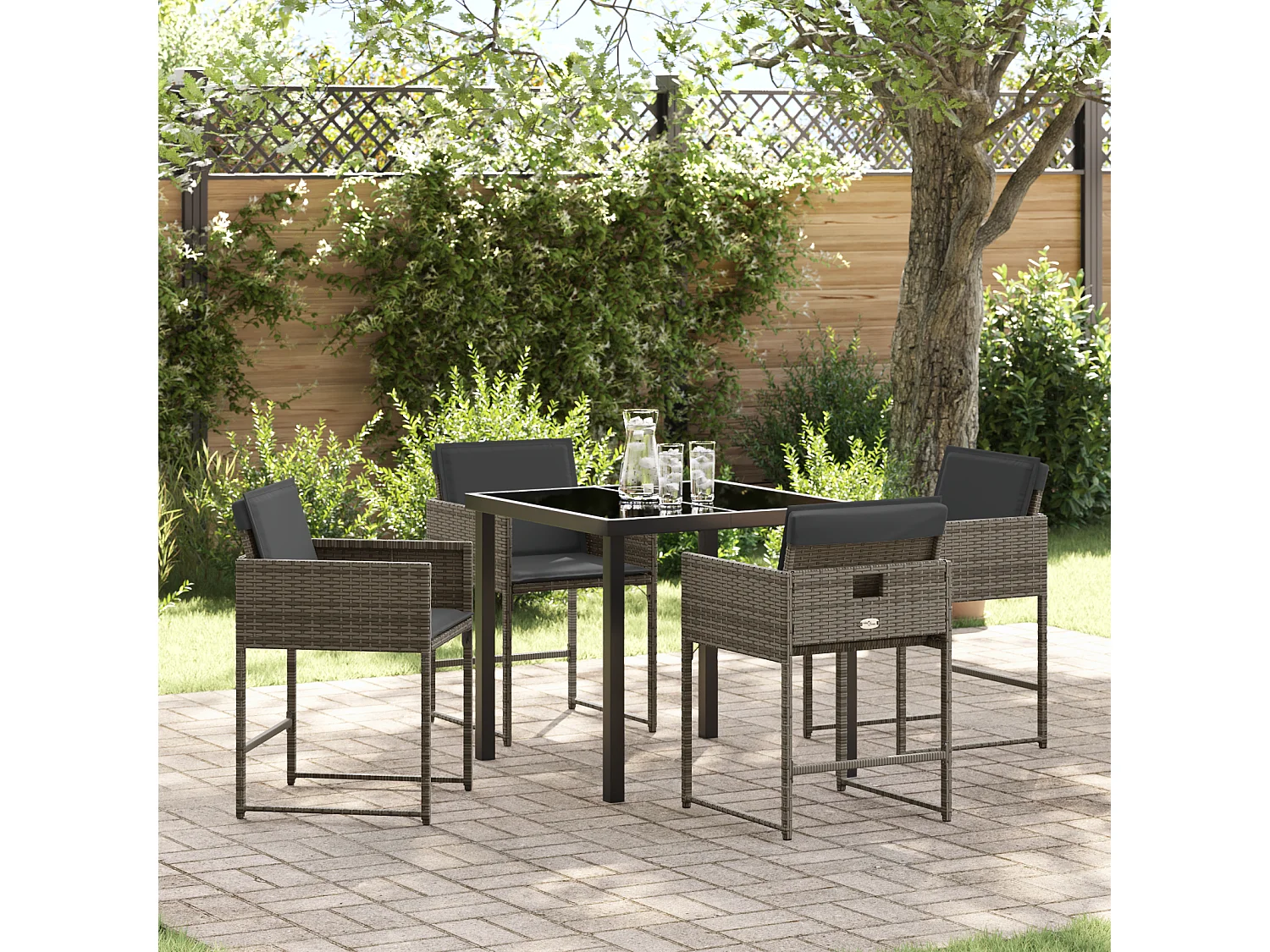 Set da pranzo da giardino 5 pezzi con cuscini in polyrattan grigio