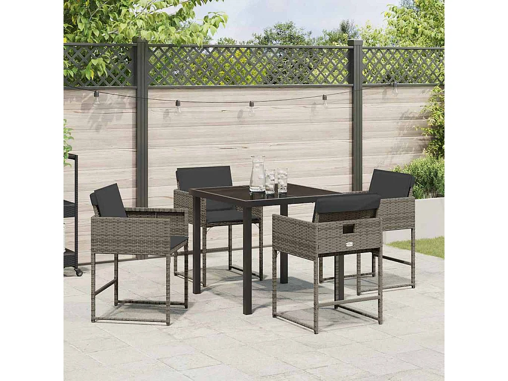 Juego de comedor de jardín de 5 piezas con cojines de ratán sintético gris