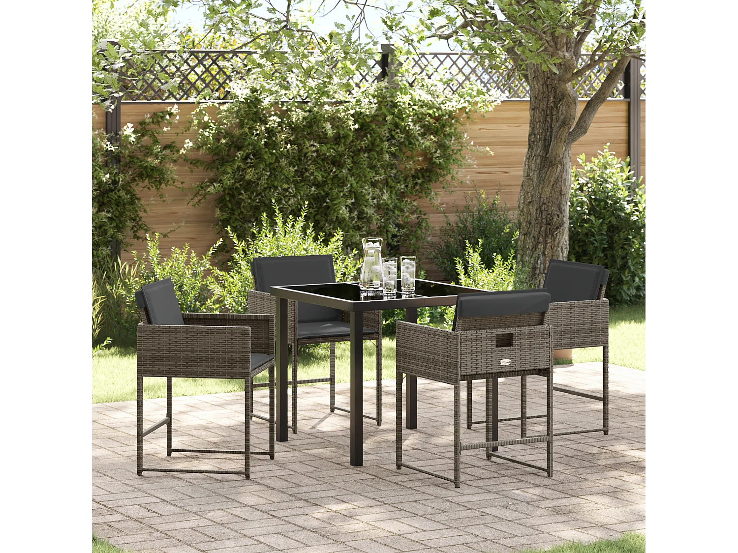 Juego de comedor de jardín de 5 piezas con cojines de ratán sintético gris