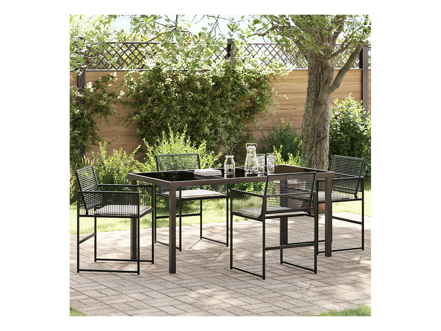 Set da pranzo da giardino 5 pezzi con cuscini in rattan nero