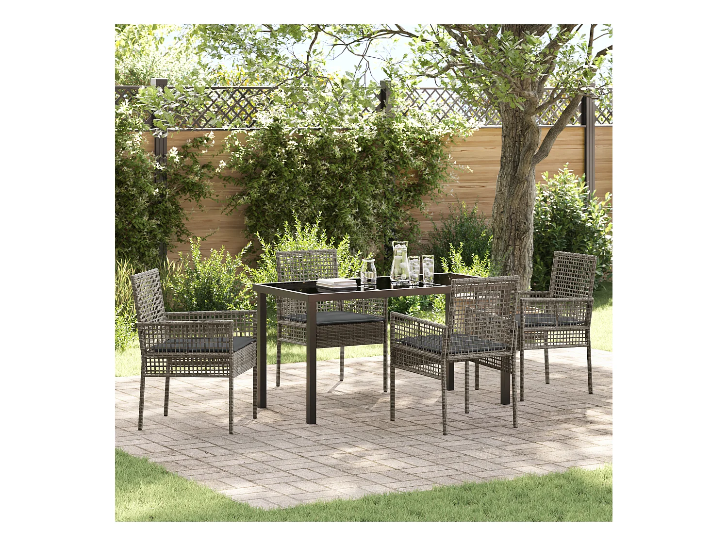 Set da pranzo da giardino 5 pezzi con cuscini in polyrattan grigio