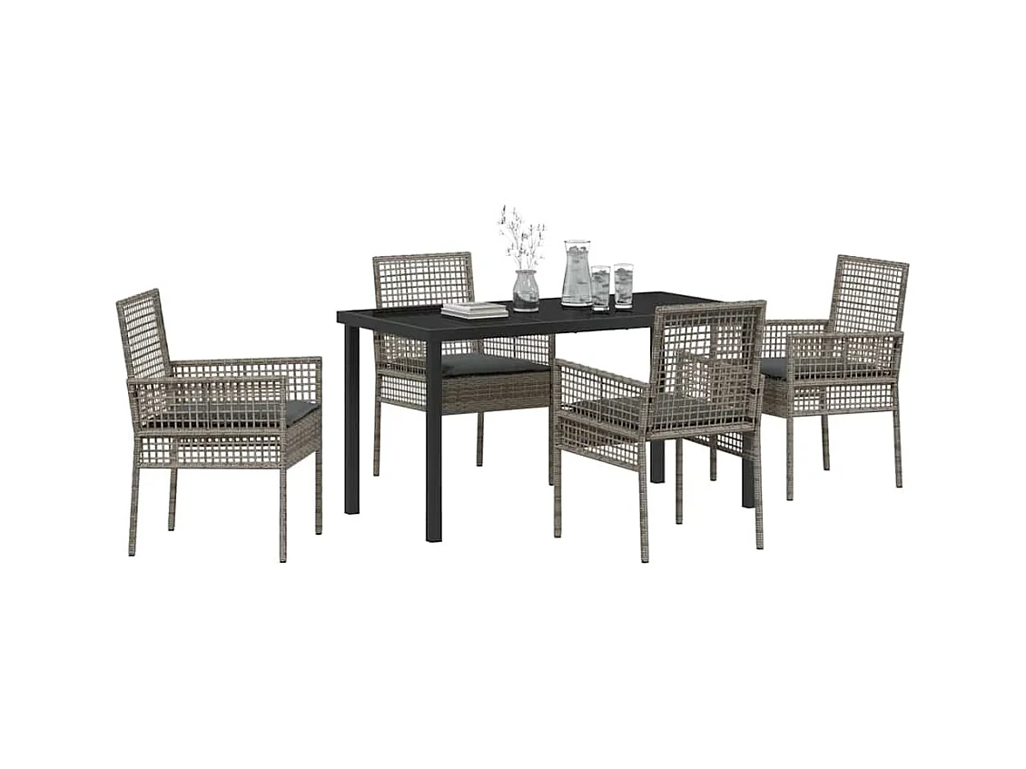 Set da pranzo da giardino 5 pezzi con cuscini in polyrattan grigio