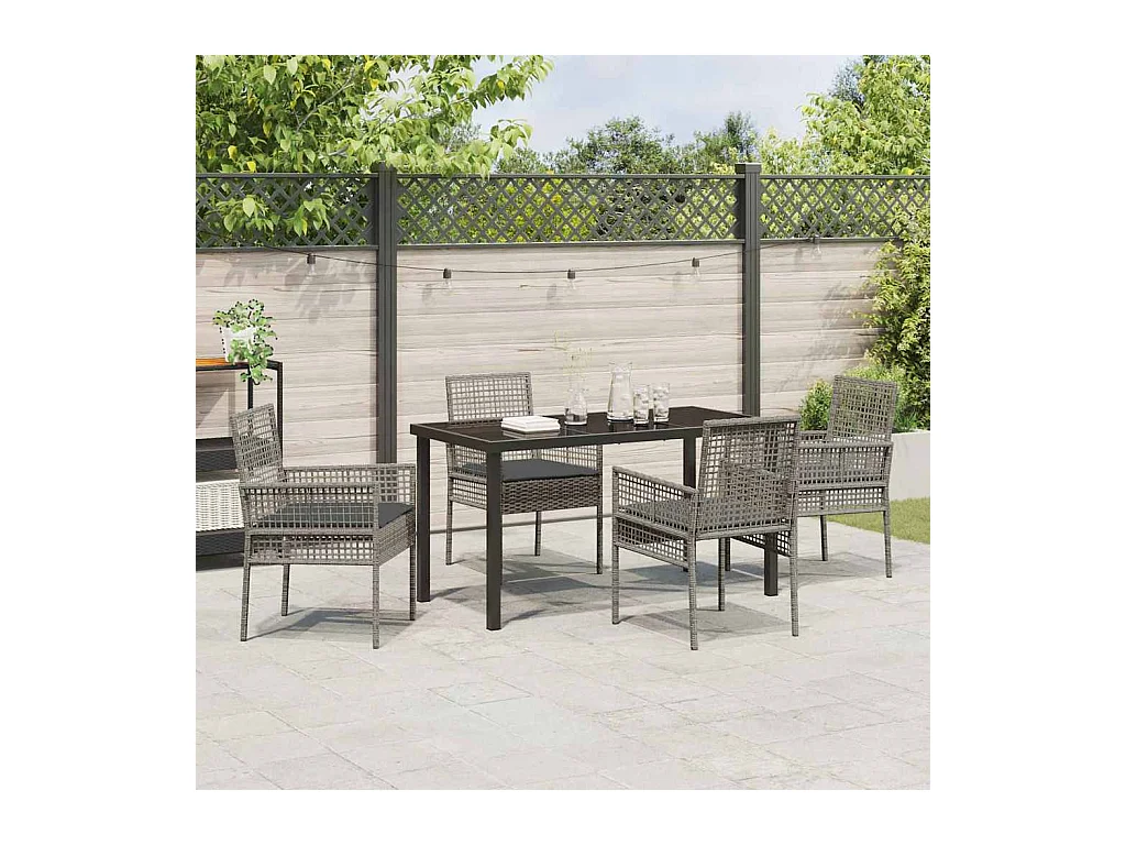 Set da pranzo da giardino 5 pezzi con cuscini in polyrattan grigio
