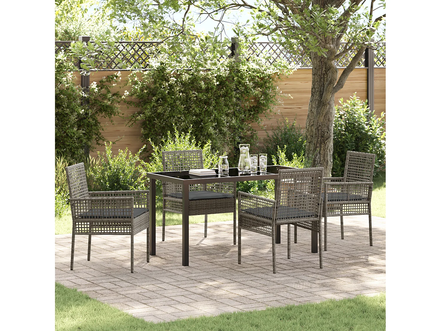 5-teiliges Garten-Ess-Set mit Kissen, grau, Polyrattan