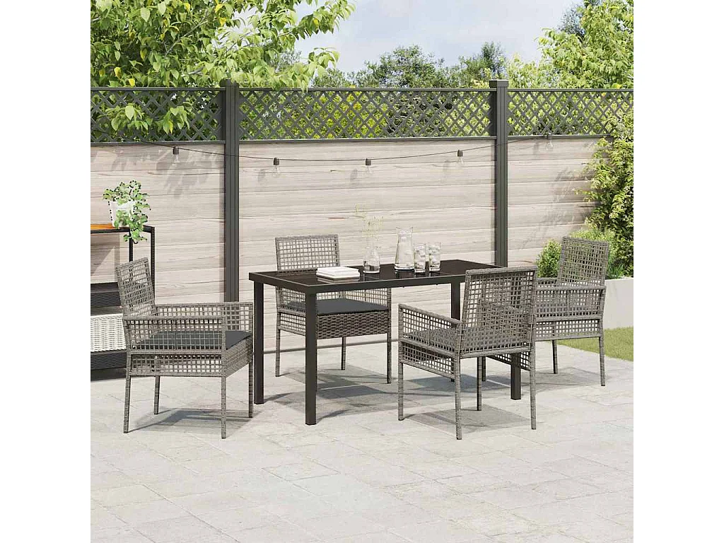 5-teiliges Garten-Ess-Set mit Kissen, grau, Polyrattan