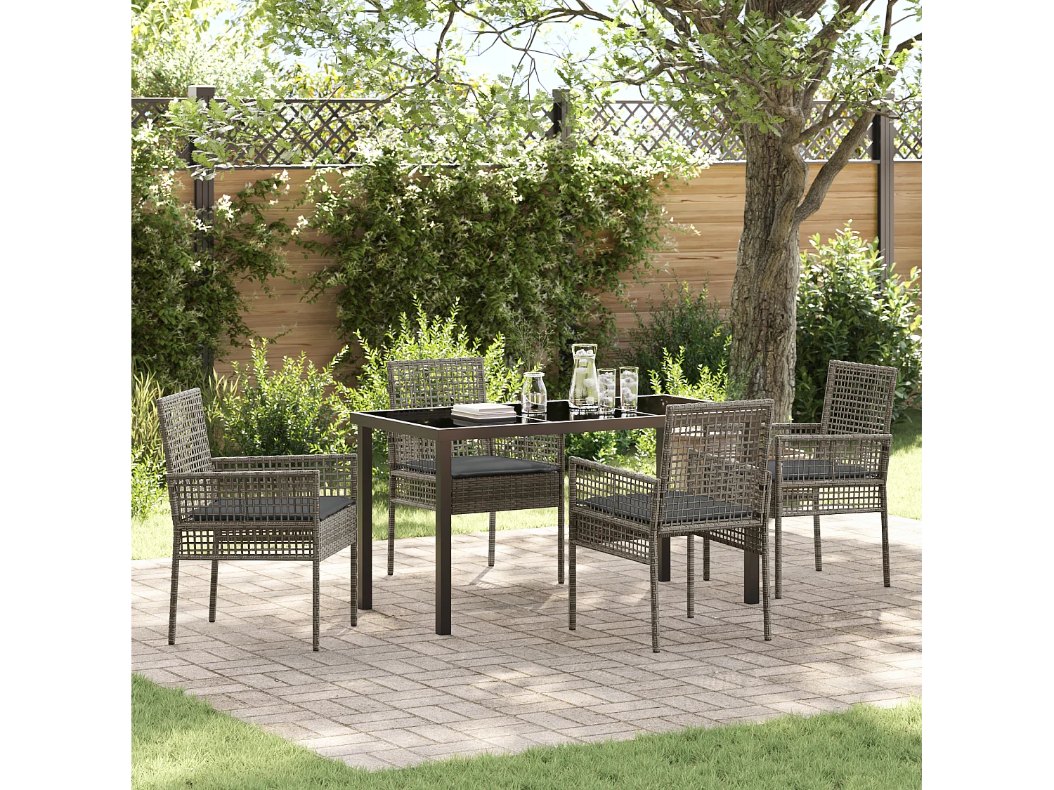 5-teiliges Garten-Ess-Set mit Kissen, grau, Polyrattan