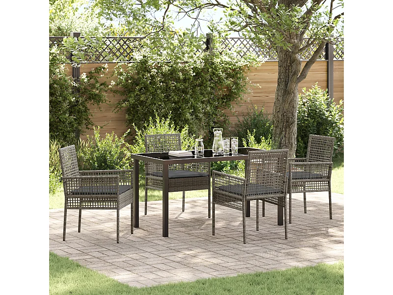 5-teiliges Garten-Ess-Set mit Kissen, grau, Polyrattan