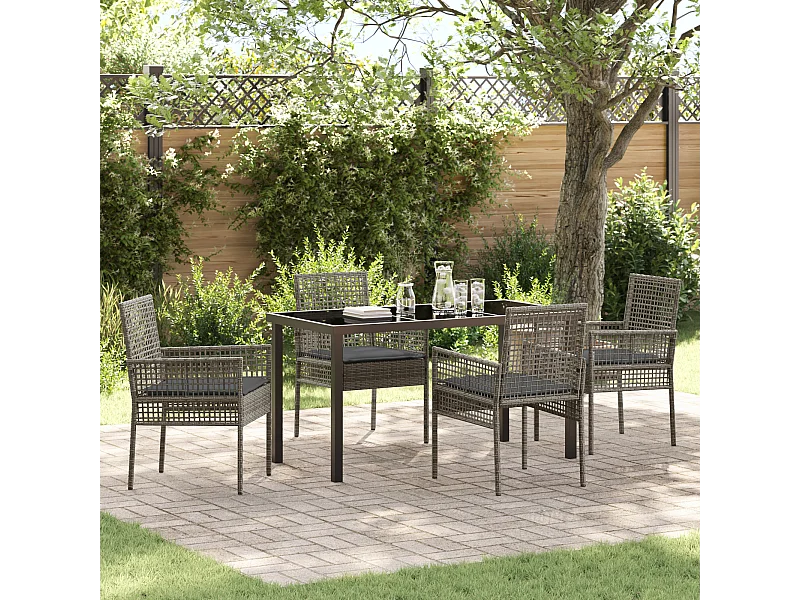 Set da pranzo da giardino 5 pezzi con cuscini in polyrattan grigio
