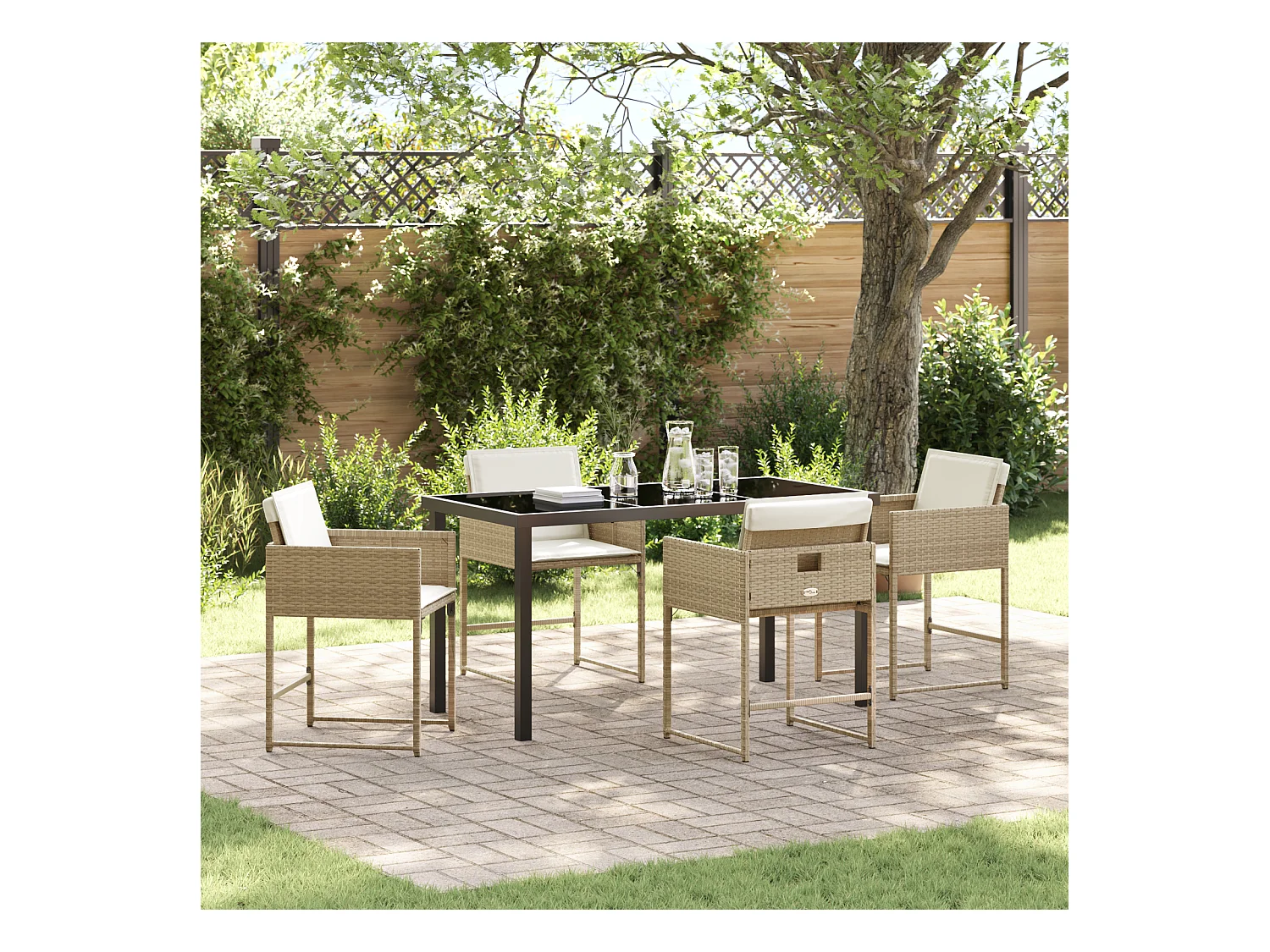 Ensemble de salle à manger de jardin de 5 pièces avec coussins beige en poly rattan