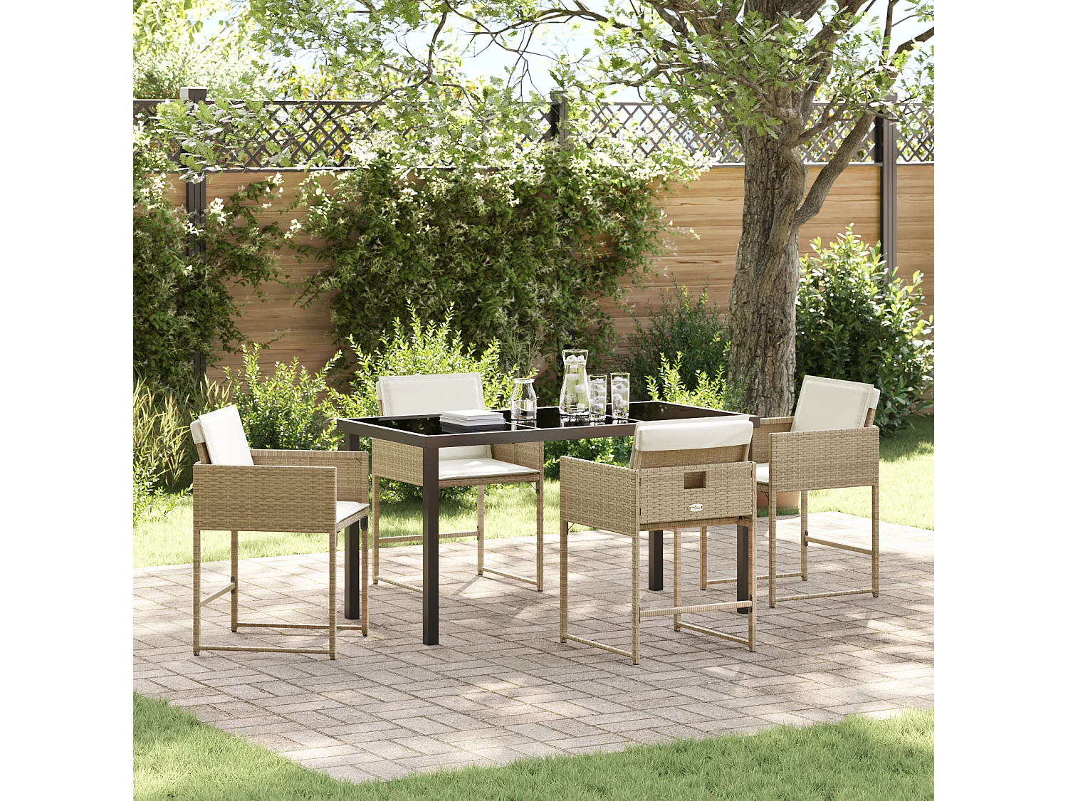 Ensemble de salle à manger de jardin de 5 pièces avec coussins beige en poly rattan
