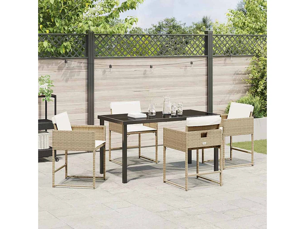 Ensemble de salle à manger de jardin de 5 pièces avec coussins beige en poly rattan