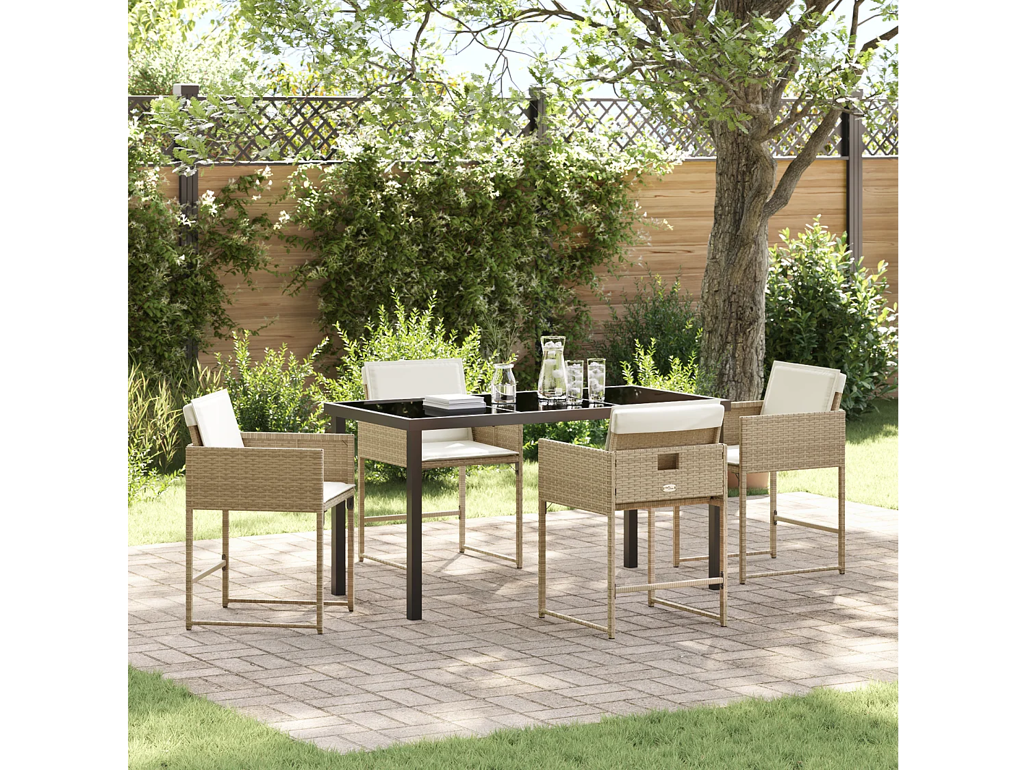 Ensemble de salle à manger de jardin de 5 pièces avec coussins beige en poly rattan