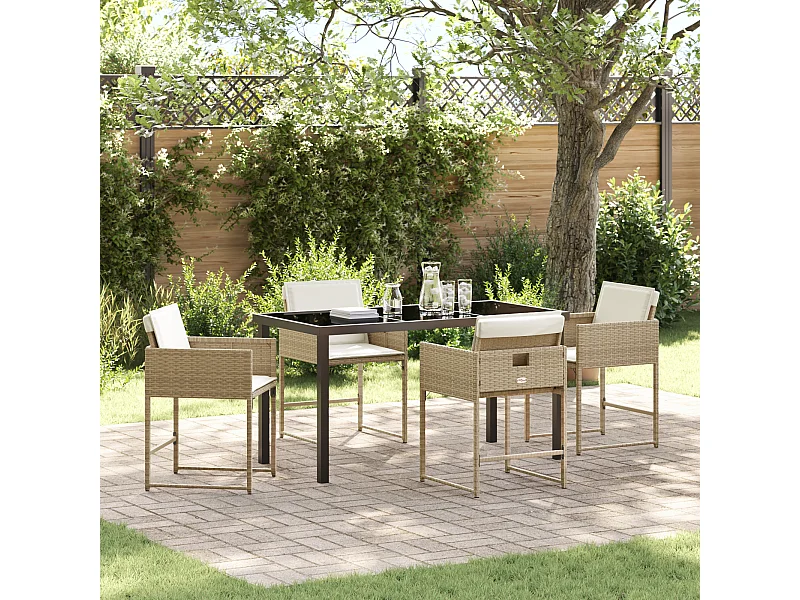 Ensemble de salle à manger de jardin de 5 pièces avec coussins beige en poly rattan
