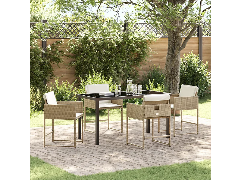 Ensemble de salle à manger de jardin de 5 pièces avec coussins beige en poly rattan