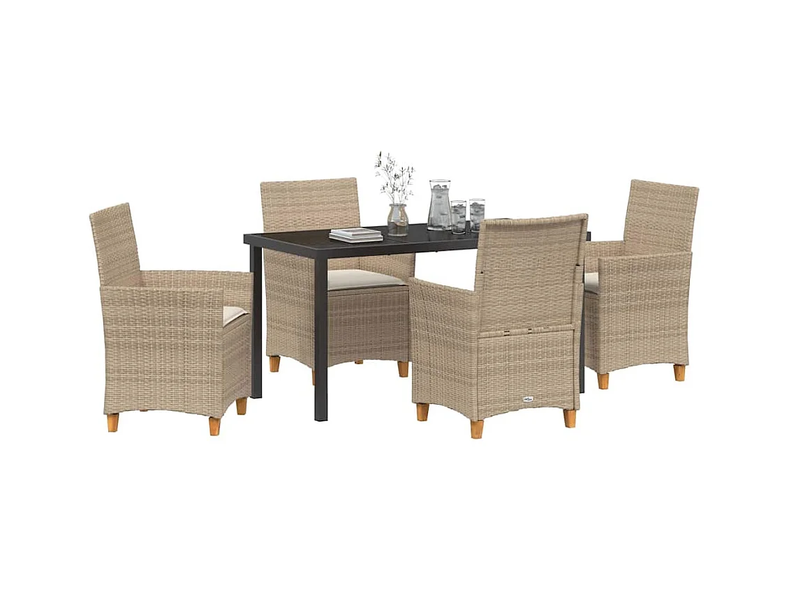 Set da pranzo da giardino 5 pezzi con cuscini in rattan beige e poly