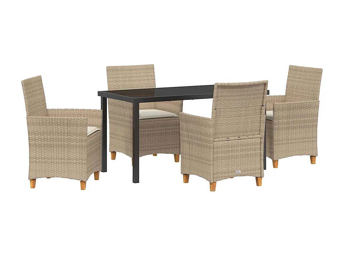 Juego de comedor de jardín de 5 piezas con cojines de ratán beige y poliéster