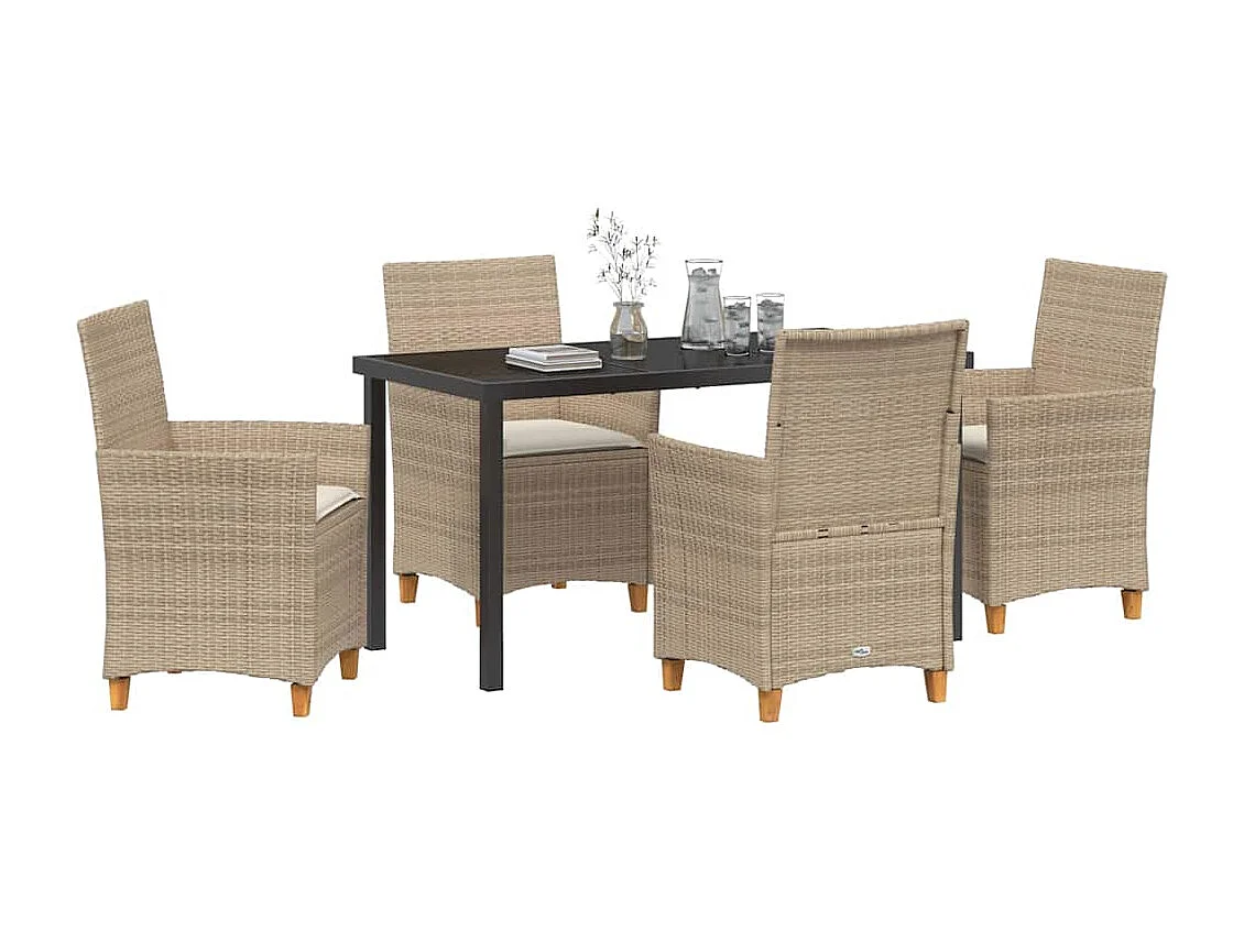 Juego de comedor de jardín de 5 piezas con cojines de ratán beige y poliéster