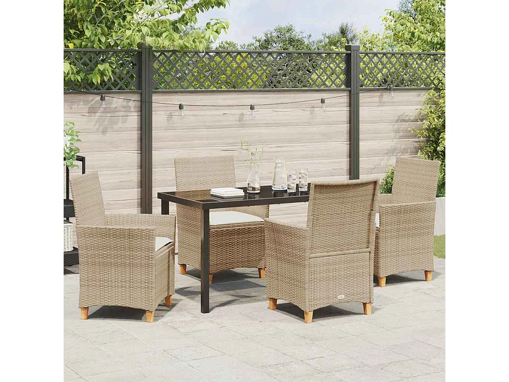 Juego de comedor de jardín de 5 piezas con cojines de ratán beige y poliéster