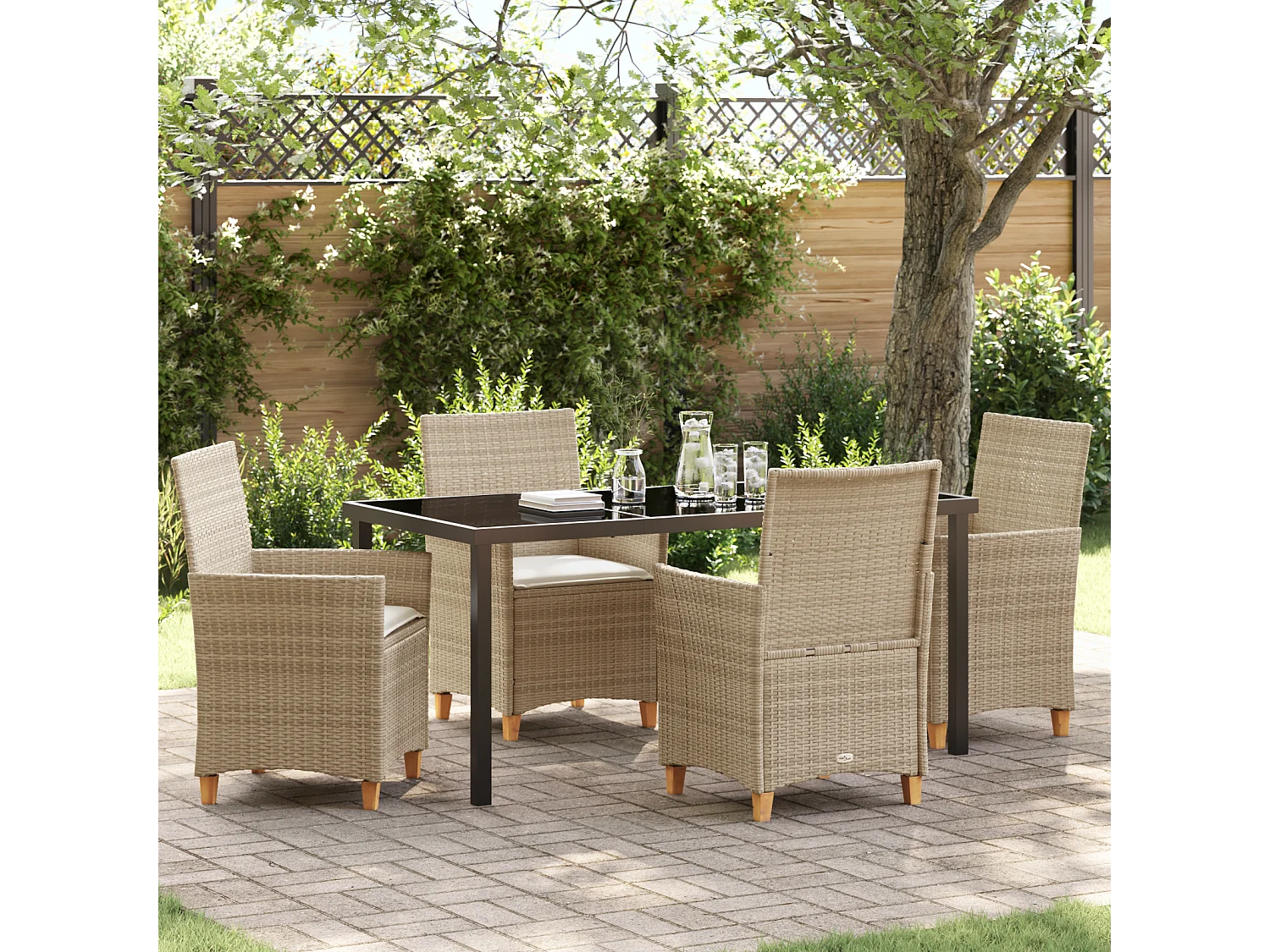 Set de dîner de jardin 5 pièces avec coussins Beige Rotin Poly