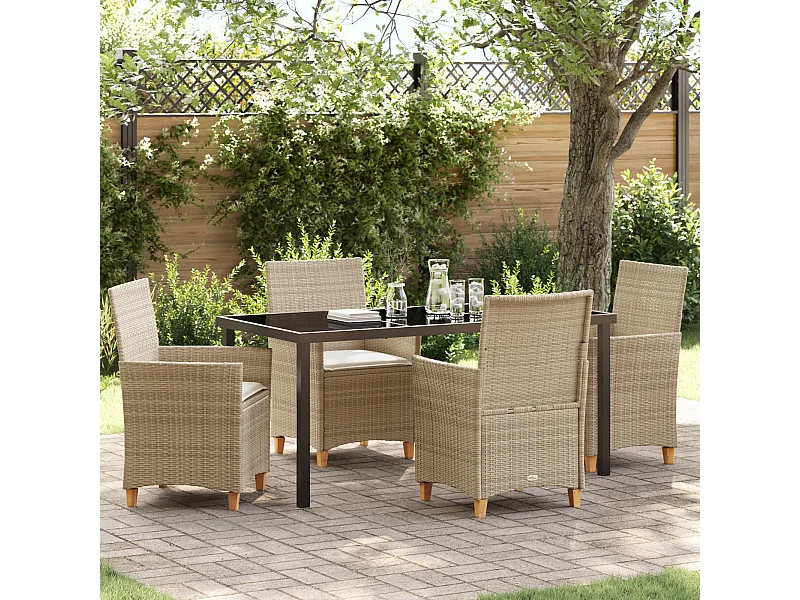 Set de dîner de jardin 5 pièces avec coussins Beige Rotin Poly
