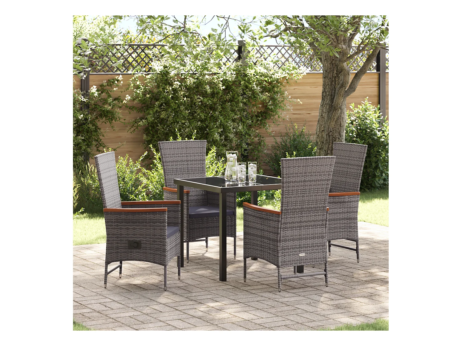 Set da pranzo da giardino 5 pezzi con cuscini in polyrattan grigio
