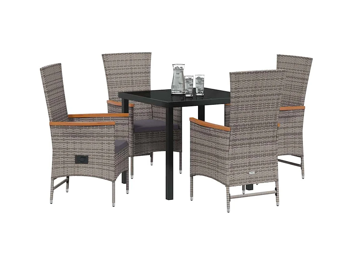 Set da pranzo da giardino 5 pezzi con cuscini in polyrattan grigio