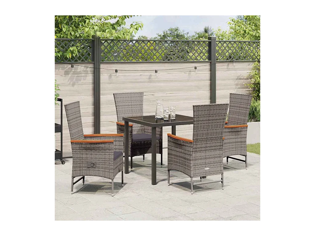 Set da pranzo da giardino 5 pezzi con cuscini in polyrattan grigio