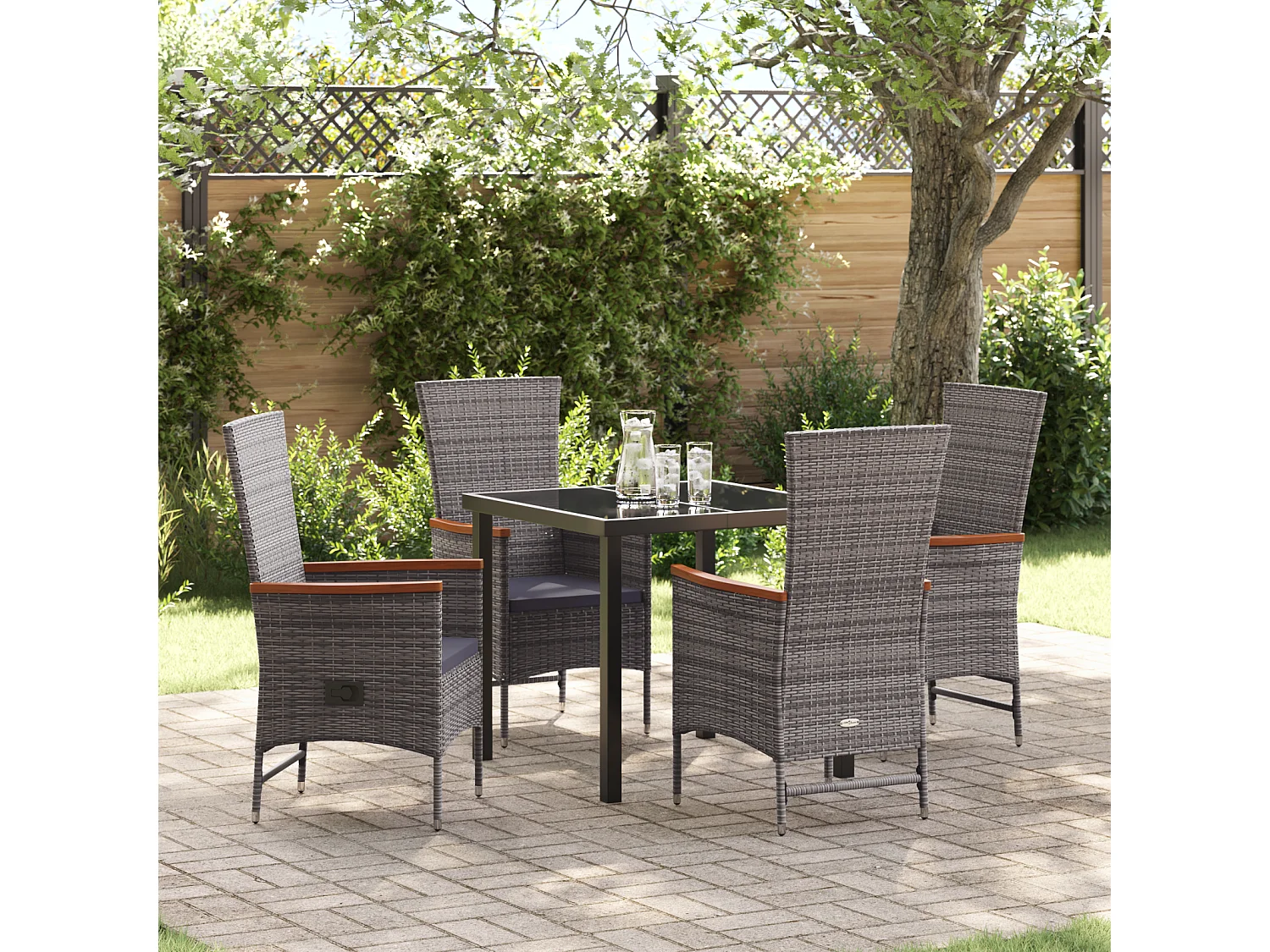 Set da pranzo da giardino 5 pezzi con cuscini in polyrattan grigio