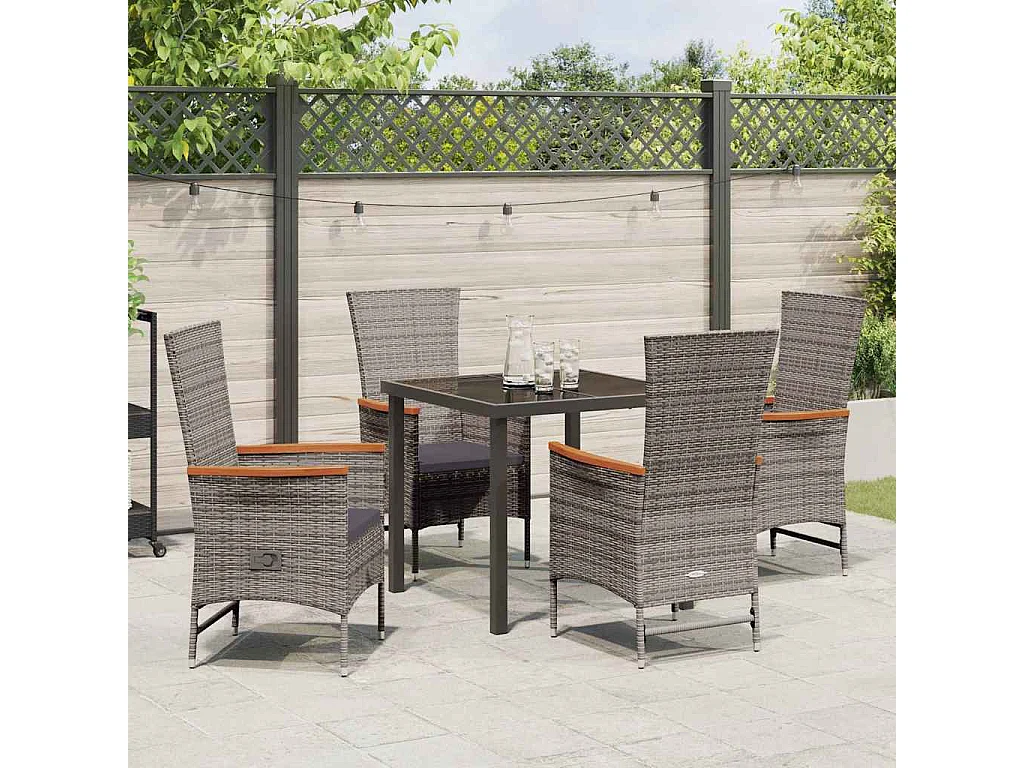 Set da pranzo da giardino 5 pezzi con cuscini in polyrattan grigio