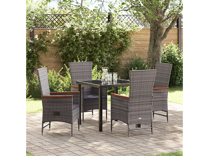 Set da pranzo da giardino 5 pezzi con cuscini in polyrattan grigio
