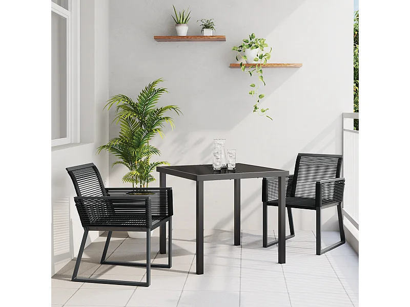 Set da pranzo da giardino in polyrattan nero da 3 pezzi