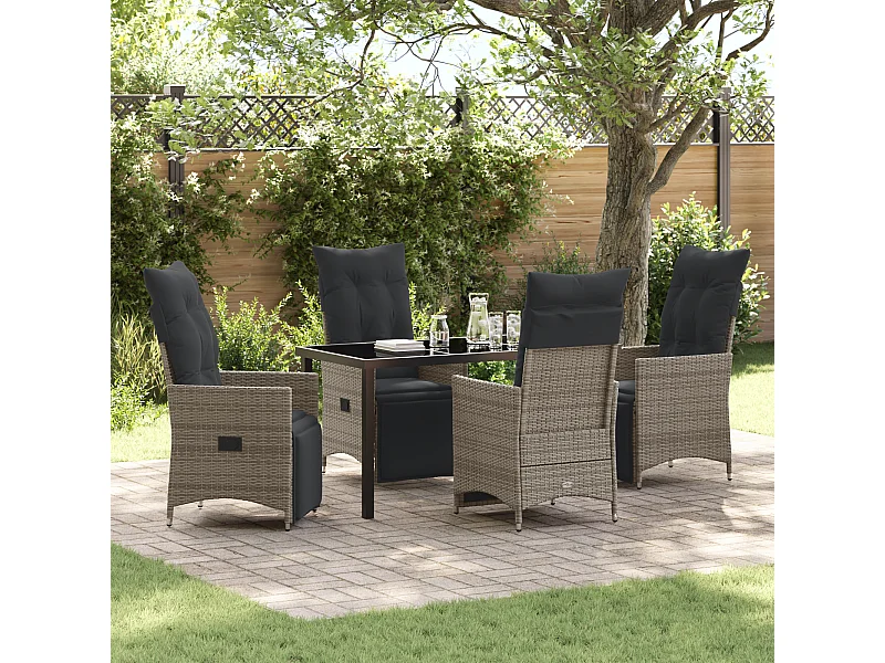 Set da pranzo da giardino 5 pezzi con cuscini in polyrattan grigio