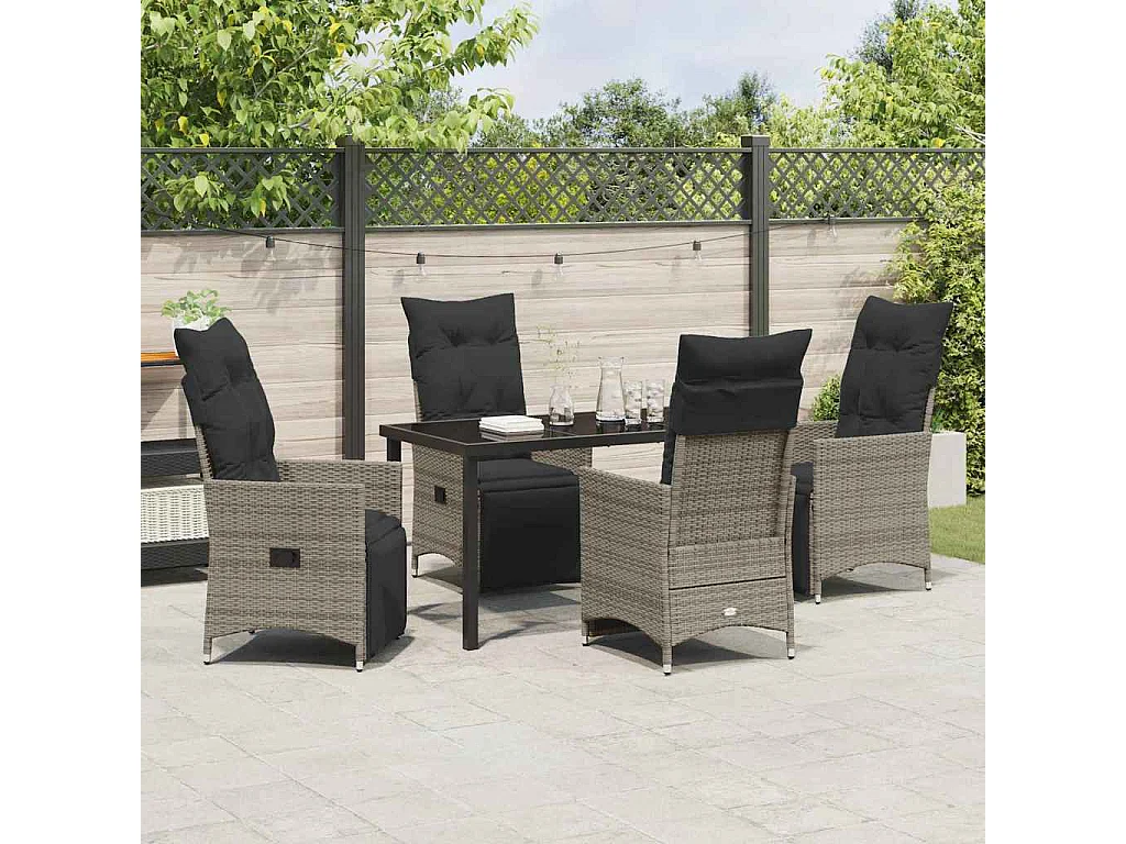 Ensemble de salle à manger de jardin de 5 pièces avec coussins gris en poly rattan