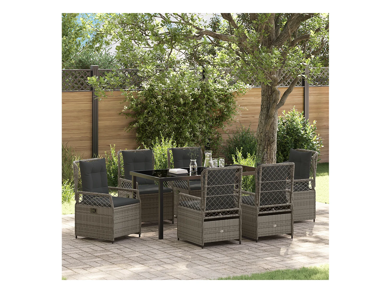 Set da pranzo da giardino in polyrattan grigio da 7 pezzi