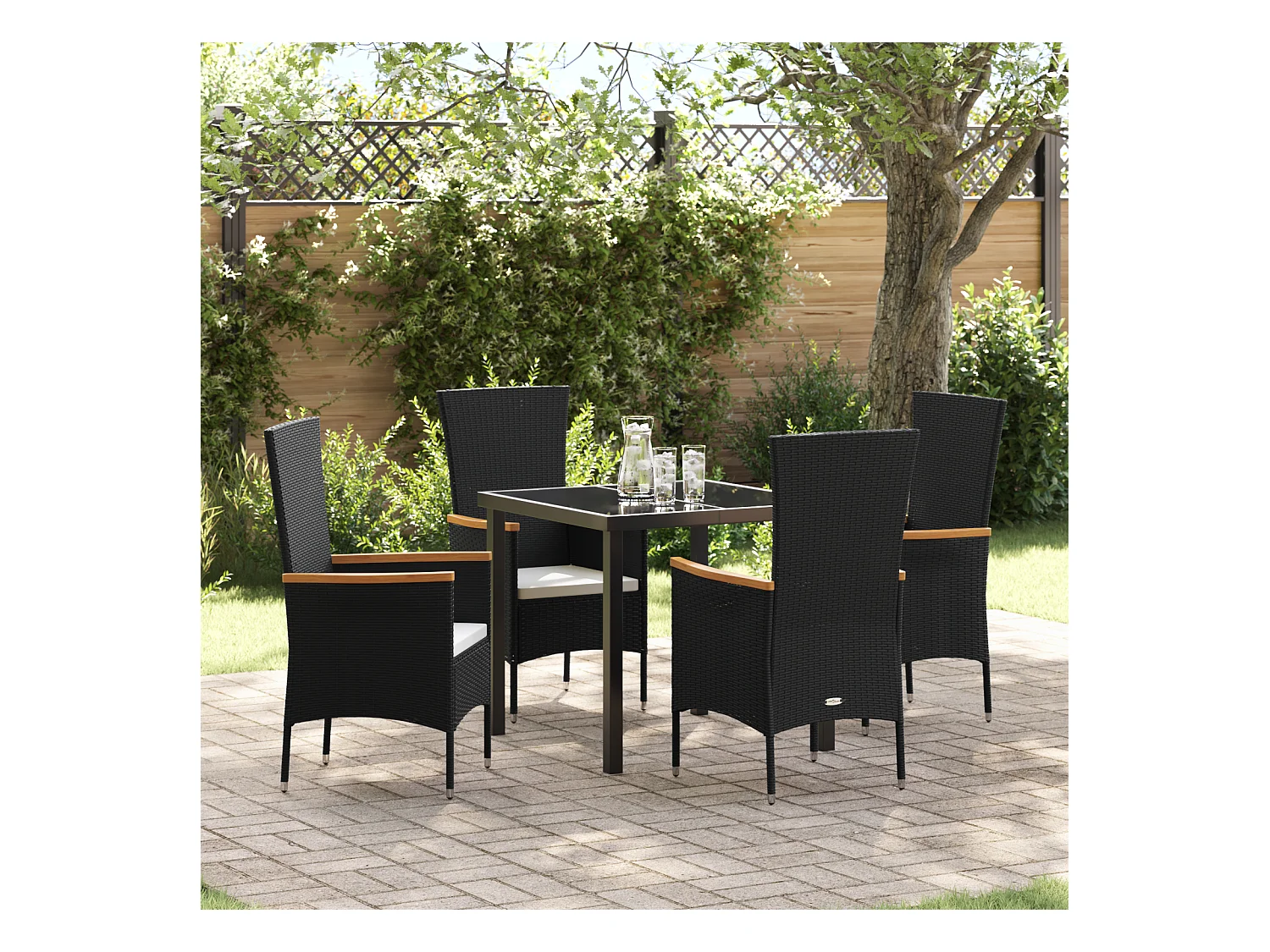 Set da pranzo da giardino 5 pezzi con cuscini in polyrattan nero