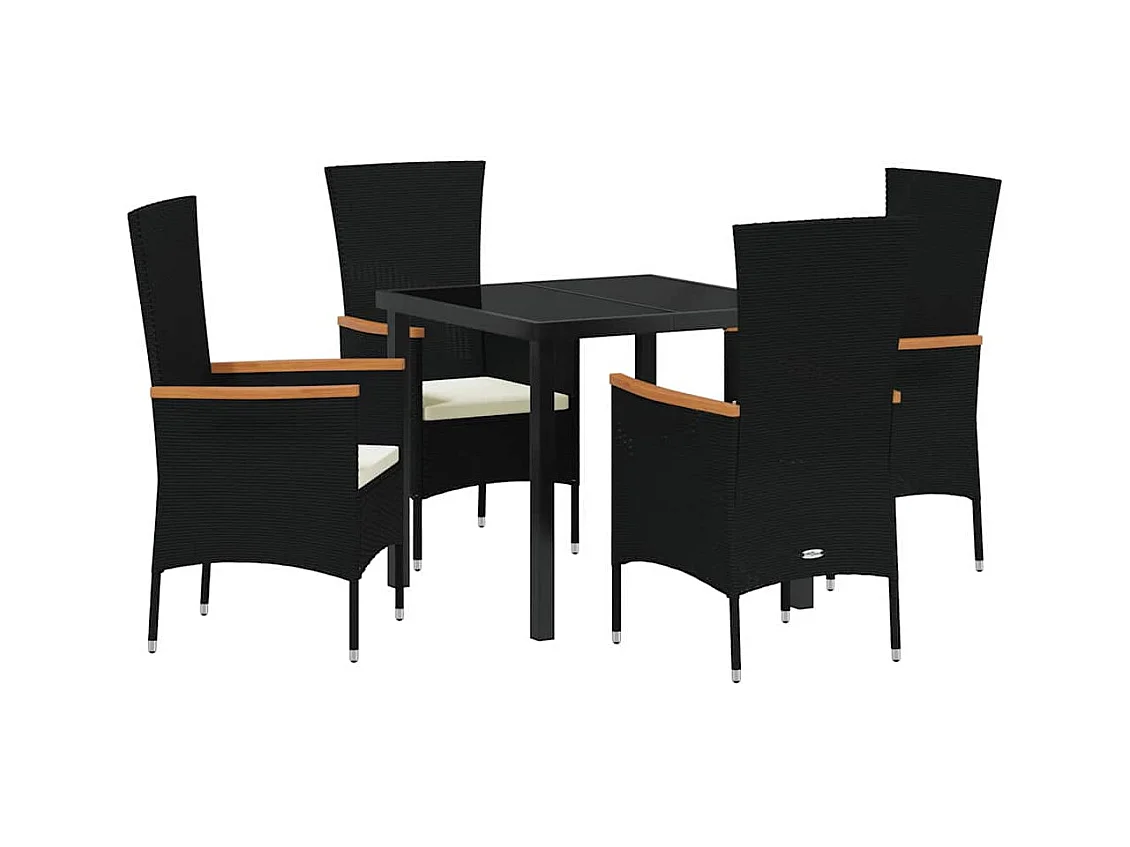 Set da pranzo da giardino 5 pezzi con cuscini in polyrattan nero