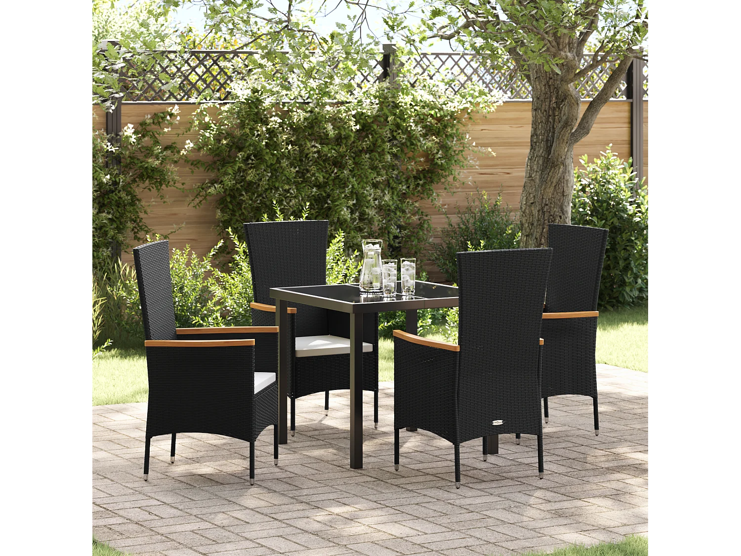 Ensemble de repas de jardin de 5 pièces avec coussins rotin poly noir