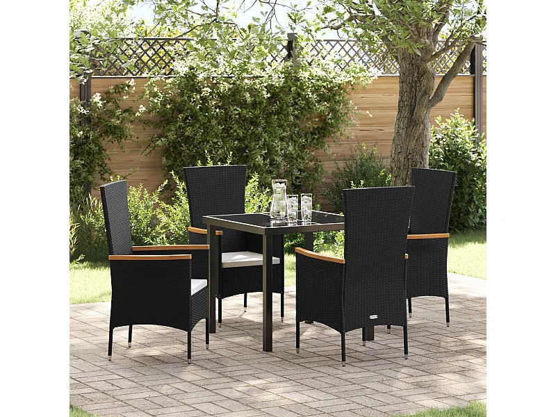 Ensemble de repas de jardin de 5 pièces avec coussins rotin poly noir