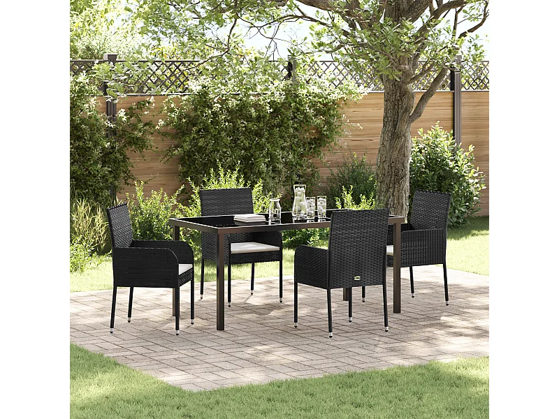 Set da pranzo da giardino 5 pezzi con cuscini in rattan nero