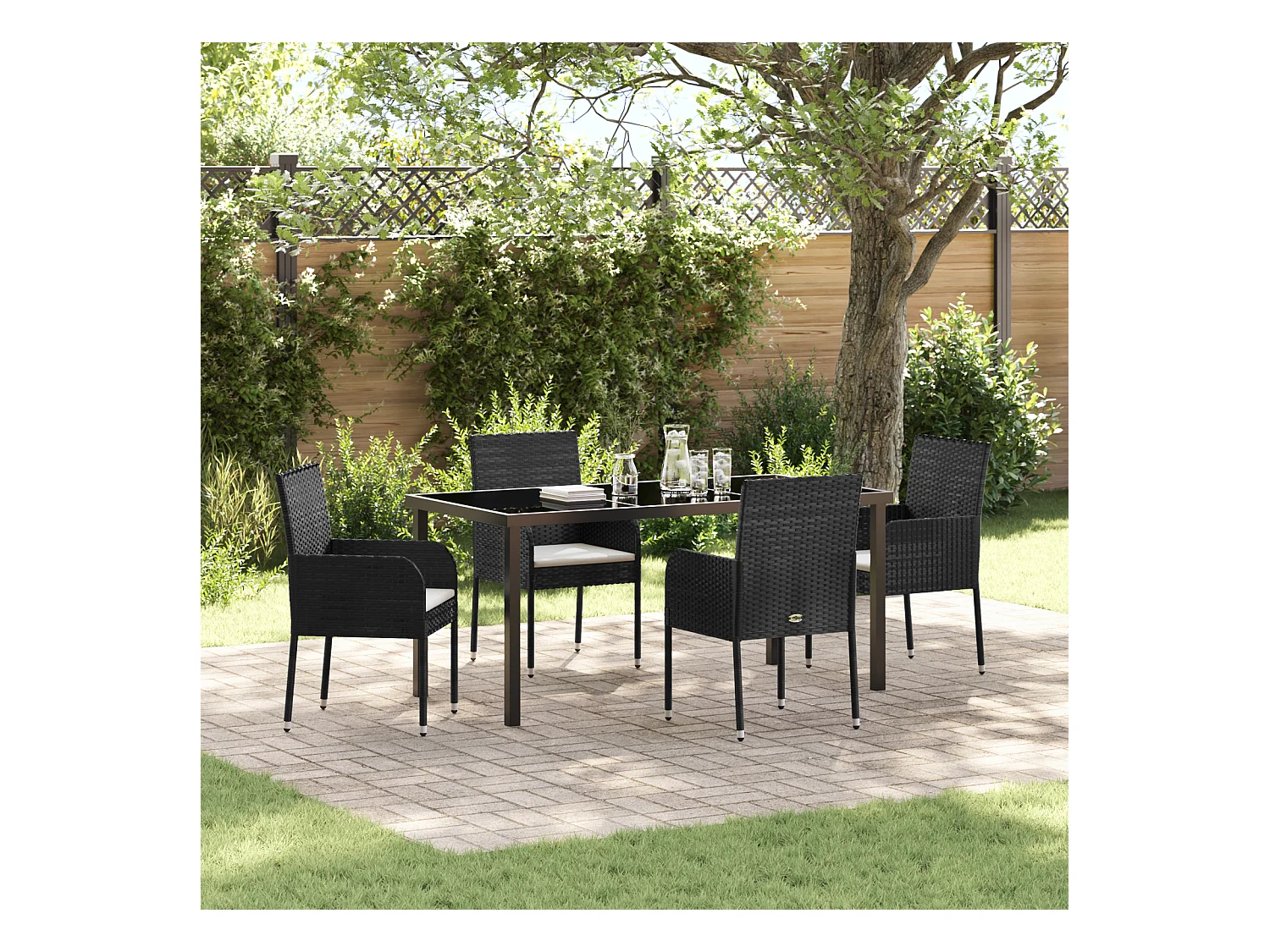 Set da pranzo da giardino 5 pezzi con cuscini in rattan nero